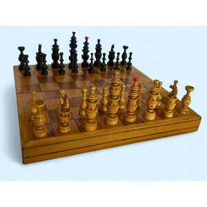 Vintage Indian Hand-Carved Wooden Chess Set with Folding Board